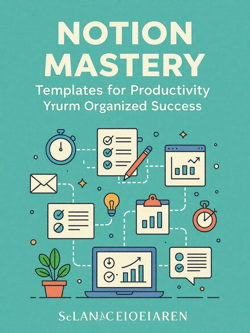 E-book cover featuring the title Notion Mastery. Subtitle states Templates for Productivity. Design is minimalist with clean lines and simple icons. Icons represent tasks, planning, and data. Background is a subtle gradient with calm blue and soft green. Modern font used in the design. Artwork is digital.