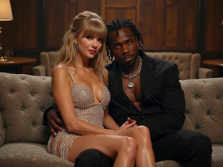 A couple appearing in a music video. Featuring a beautiful woman with long blonde hair and a bodycon dress. She sits on a couch with her partner. The setting has elegant decor and warm lighting. The atmosphere is romantic and glamorous.