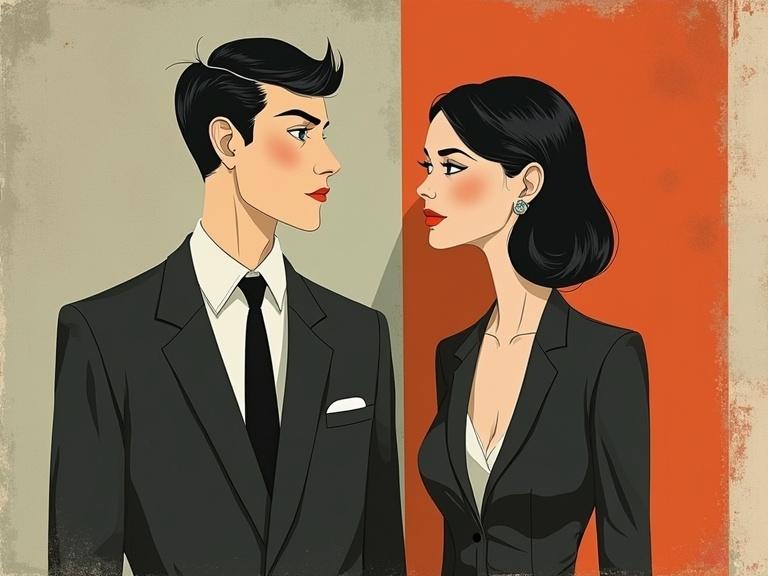 Couple illustration featuring a man in a suit and a woman in formal clothing. Both have stylized features showcasing elegance. The background splits between warm and cool tones. The artwork reflects pop art influences.
