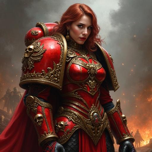 Fierce Adepta Sororitas from Warhammer 40k. Digital painting with dark baroque aesthetic. Mid-length auburn hair. Striking makeup. Clad in ornate red and gold power armor. Decorated with skulls and purity seals. Holding a large power sword. Dark smoky battlefield in background. Dramatic warm lighting with contrasts.