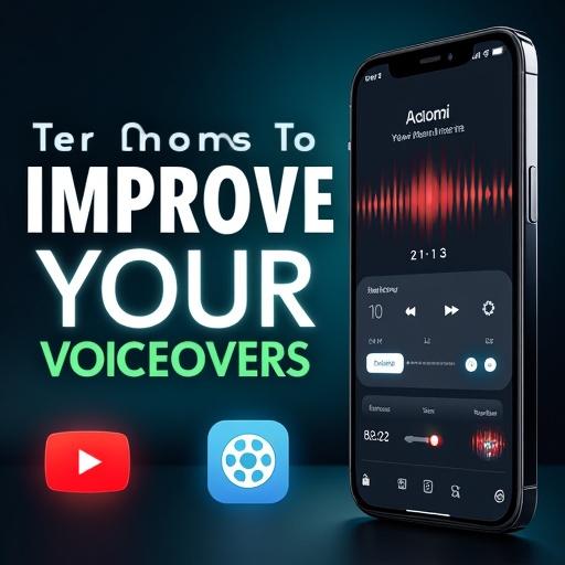A high-quality YouTube thumbnail showcasing a tutorial for enhancing voiceovers. The background features a dark blue gradient with soft lighting. Bold text states IMPROVE YOUR in white and VOICEOVERS in bold green with a white outline, using uppercase modern sans-serif font. Below are a glowing red YouTube play button and a cyan-blue square app icon with a reel graphic. A large curved white arrow points to an iPhone on the right. The iPhone showcases a voice recording app with waveforms, timer, and buttons like Replace and Done. An Apple Watch icon with a red waveform is in the bottom right. The overall style is tech-savvy and professional with clean 3D layout.