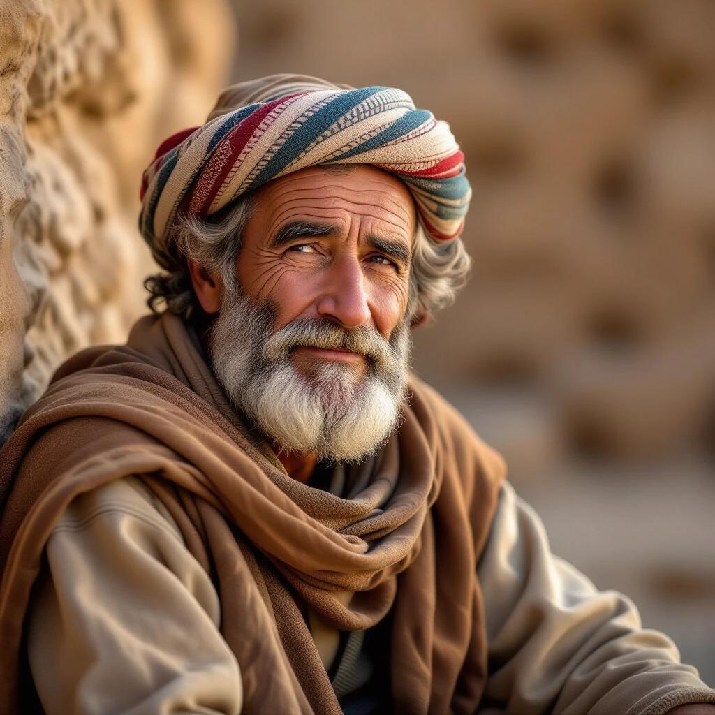 Portrait of an elderly man with a beard wearing traditional attire holding a distinctive headdress. The setting appears soft and warm with natural elements.