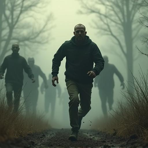 Image of a man running away from a group of zombies through a foggy forest. The mood is tense and eerie.