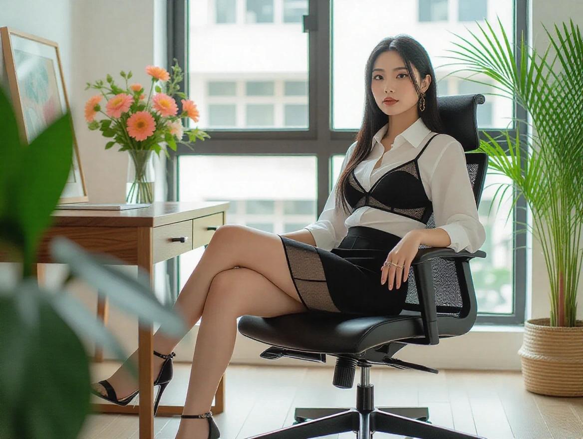 A young Asian woman sits in a black office chair. She wears a thin black transparent bra with an off-white shirt. A black transparent skirt and heels complete her look. She has long black hair and brown eyes. A wooden desk with flowers is beside her. The room features a plant and a large window. The image captures her in a realistic photographic style.