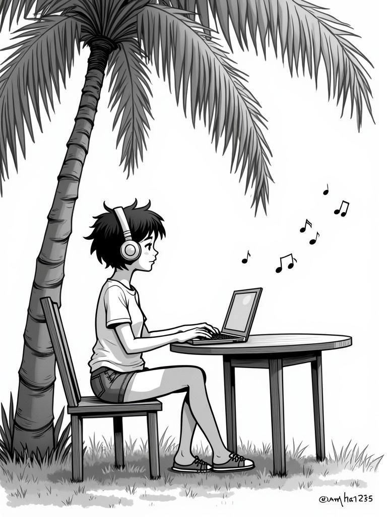 Helen sitting at a wooden table under a palm tree working on laptop wearing denim shorts and t-shirt with headphones music notes drawn in air manga art style