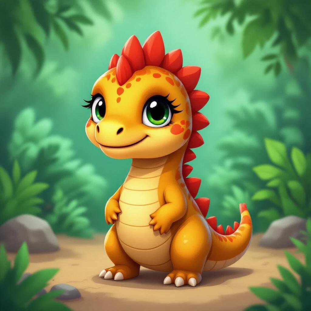 Create a friendly cute small dinosaur character for a virtual pet game. The dinosaur has a joyful expression with bright colors. Place the character in a lush green background filled with plants. Make it suitable for a short video.