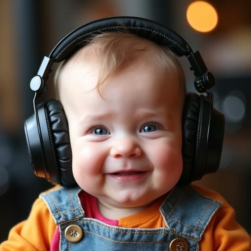 Close-up of a smiling baby wearing large black headphones. Baby has chubby cheeks and colorful European-style clothes. Background is a softly blurred music studio.
