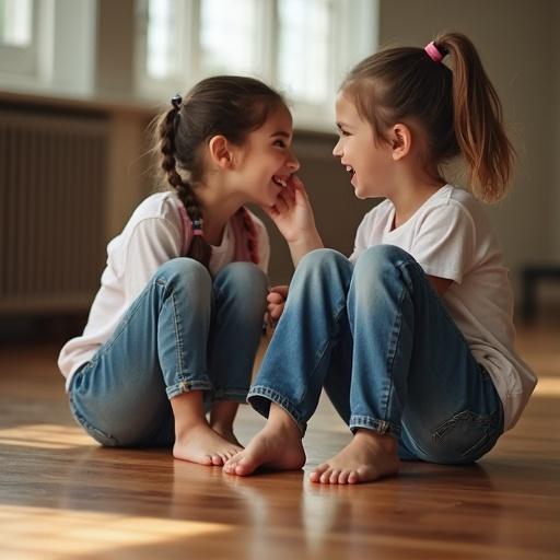 Two girls sitting on a wooden floor. Both girls smiling and barefoot. One girl pressing her foot playfully towards the other. They wear casual jeans and t-shirts. Natural light fills the scene creating a playful atmosphere.