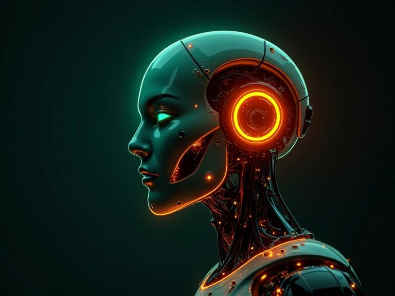 Vector style robot head features neon green and neon orange tones. Design includes futuristic elements with a sleek appearance.