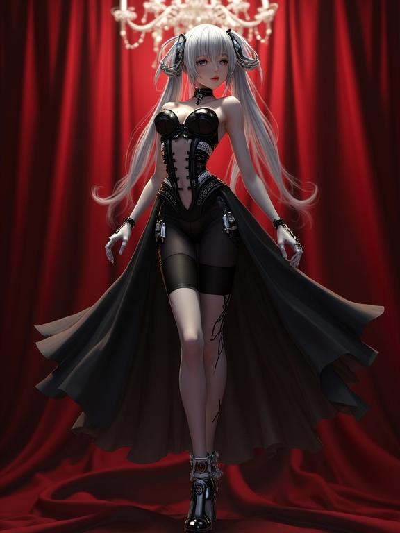 A gynoid character in a sleek black and white outfit striking a sensual pose. She stands against red velvet curtains in a dimly lit room. Long white hair and alluring expression. Thigh-high stockings and black high-heeled boots. Elegant yet industrial style.
