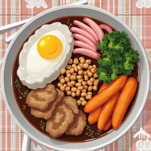 A vibrant bowl of Japanese cuisine featuring noodles, meat patties, a fried egg, carrot slices, and broccoli. The dish appears appetizing with a variety of colors and ingredients, served on a decorative tablecloth.