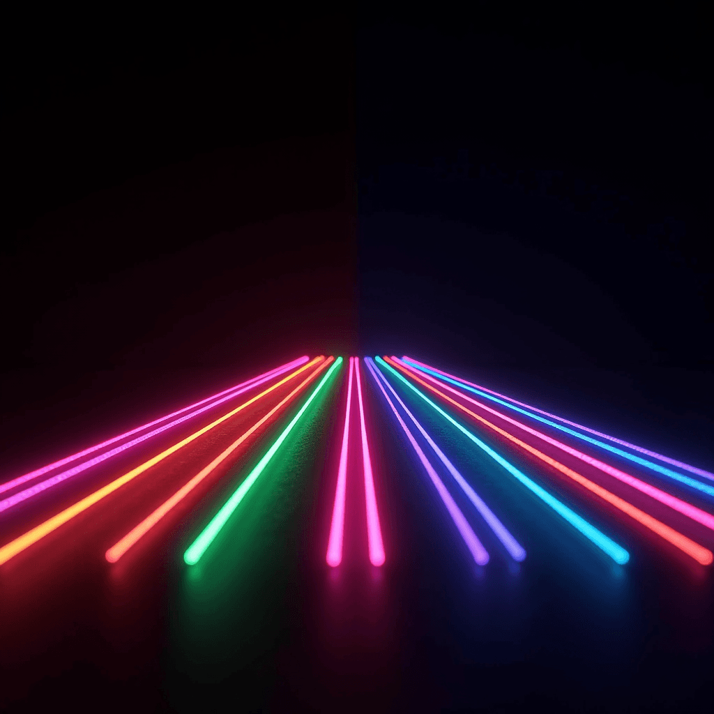 A series of colorful neon lights in parallel lines against a dark background creating a vibrant and futuristic atmosphere.