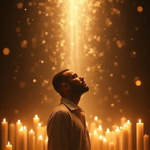Beautiful album cover featuring artist VIKINGO looking up in reverence. Soft background with dark tones. Golden light particles fall like rain around him. Surrounding candles ignite with light. Mood is magical and serene. Photorealistic style with fantasy elements.