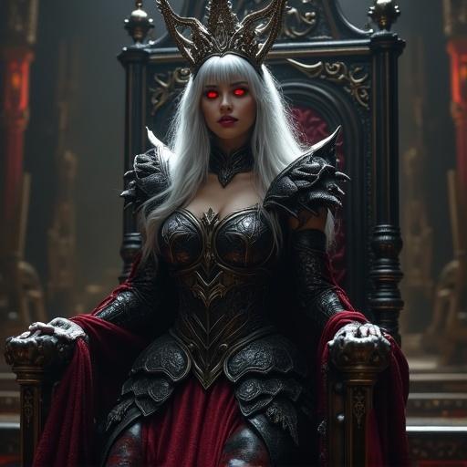 A stunning demon queen with silver hair and red eyes wears black and crimson gothic armor and a crown. She stands in a majestic throne room with magical glyphs. Despite a fearsome look, she gestures nervously to a chair beside her. Posture is hunched; hands are timidly positioned. A gentle smile appears with shy eyes avoiding contact. A blush is on her cheeks. Magical energy surrounds her. Scene contrasts her intimidating appearance and gentle nature.