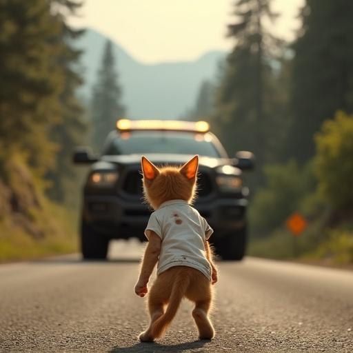Back view of skinny orange kitten standing on two legs in the middle of mountain road. Wearing torn oversized white t-shirt. Kitten's posture is tense. Large black pickup truck speeding toward kitten. Road surrounded by tall pine trees. Misty golden morning light. Yellow warning sign partially visible. Scene frozen in danger. Cinematic realism with high emotional impact. Realistic fur and fabric textures with soft shadows and Pixar-like lighting.