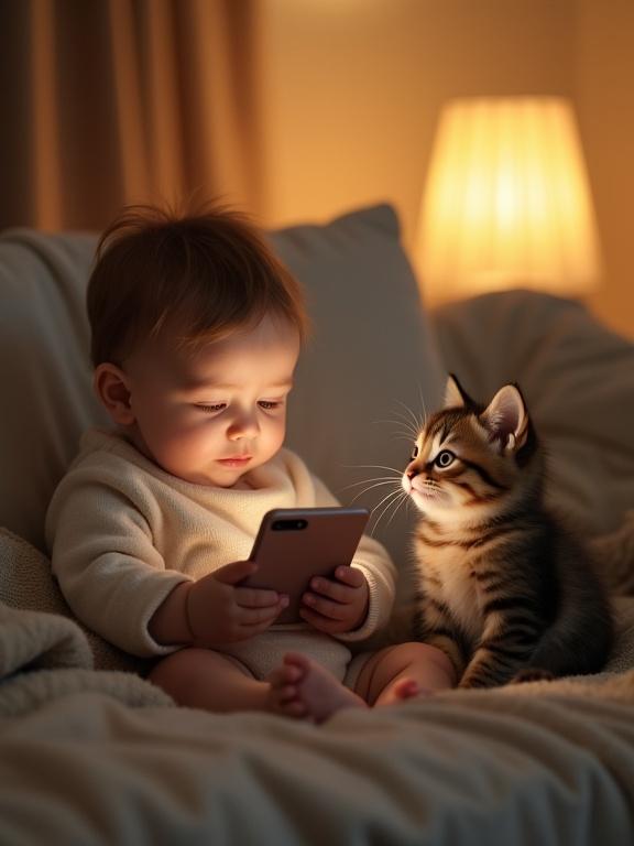 A realistic image of a baby and a kitten. The baby is about one year old sitting on a couch. The lighting is warm and soft. The baby holds a smartphone and looks at it. A fluffy kitten is next to the baby, also looking at the screen. Both show joy and innocence.