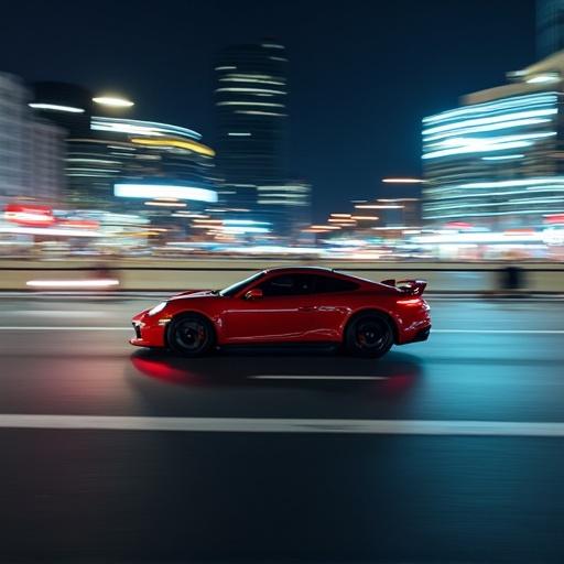 A sleek red sports car speeds through a city at night. City lights create a blurred background. The car is the main focus of the image. Captures the sensation of speed. Represents the concept of fast.