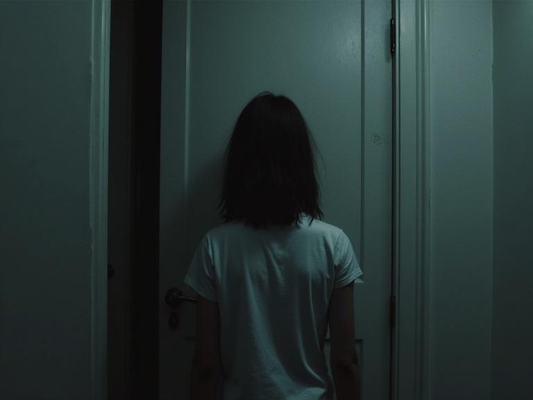 A person standing alone in front of a closed door. The scene is dimly lit. The focus is on the back of their head and shoulders. The walls are a light color contrasting with the darkness.