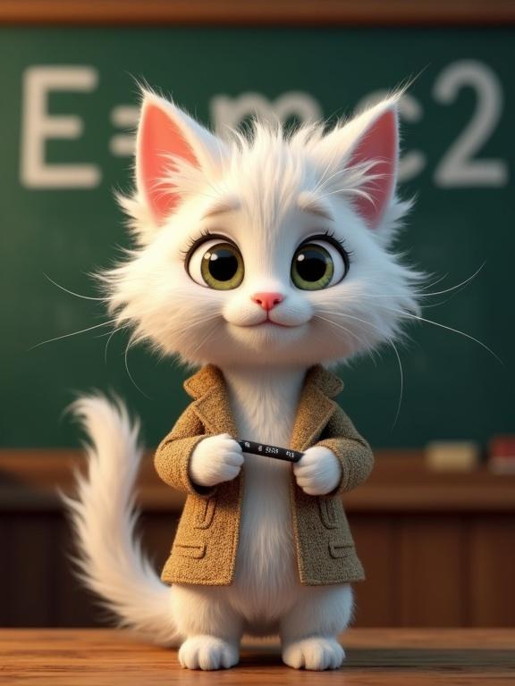 3D Pixar-style render features an anthropomorphic white cat with fluffy wild hair. Cat wears a tweed coat and holds chalk. Standing before a blackboard displaying E=mc². Cat possesses big, intelligent eyes. Scene illuminated with warm lighting.