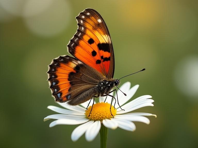 Large butterfly perched on a white daisy. Butterfly has vibrant orange wings with black patterns. Close-up capture of the butterfly's details. Natural outdoor setting. Blurred green background creates a soft, dreamy effect.