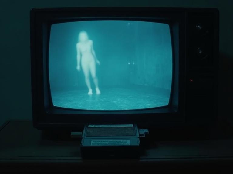 Old television displaying a ghostly figure in a dark room. VHS tape titled 'Ochate 1983' inserted. Room illuminated by bluish TV glow. Eerie retro horror vibe.