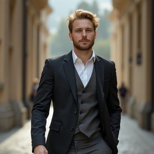Young Central European man with blond-brown hair wearing a suit walking in Zurich with a sign that says 'Written Exams'.
