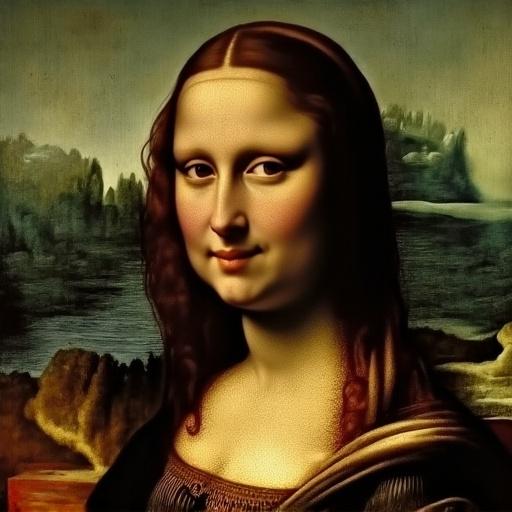 La Gioconda wearing headphones and a microphone. Show the famous painting style with modern accessories. Bright landscape in the background.