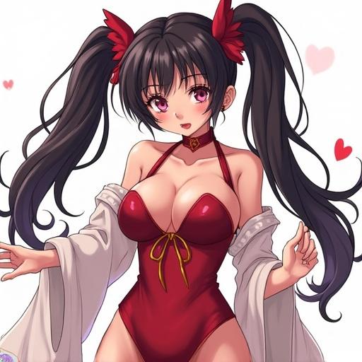 Character in a seductive pose with large hair and red outfit. Anime style, succubus theme.