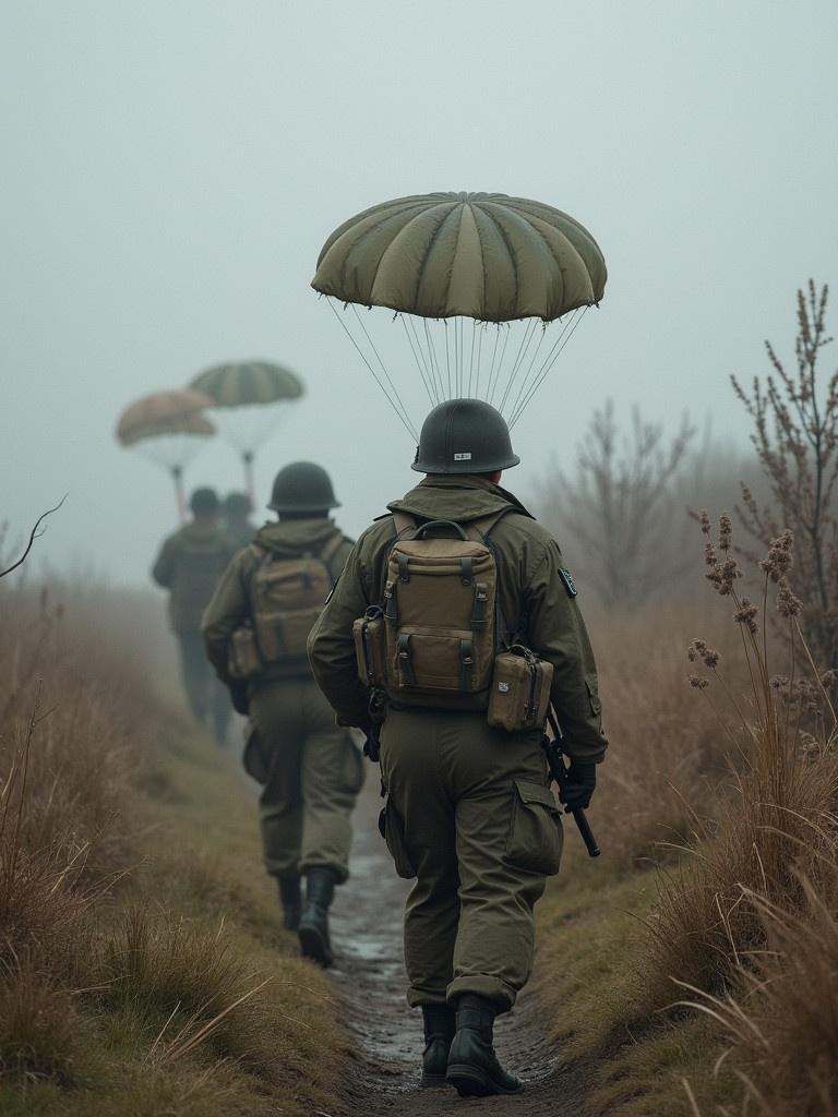 A group of British paratroopers is seen walking along a narrow path. Soldiers wear olive green uniforms. Each soldier has a parachute above. The atmosphere is foggy with muted colors and a somber feel.