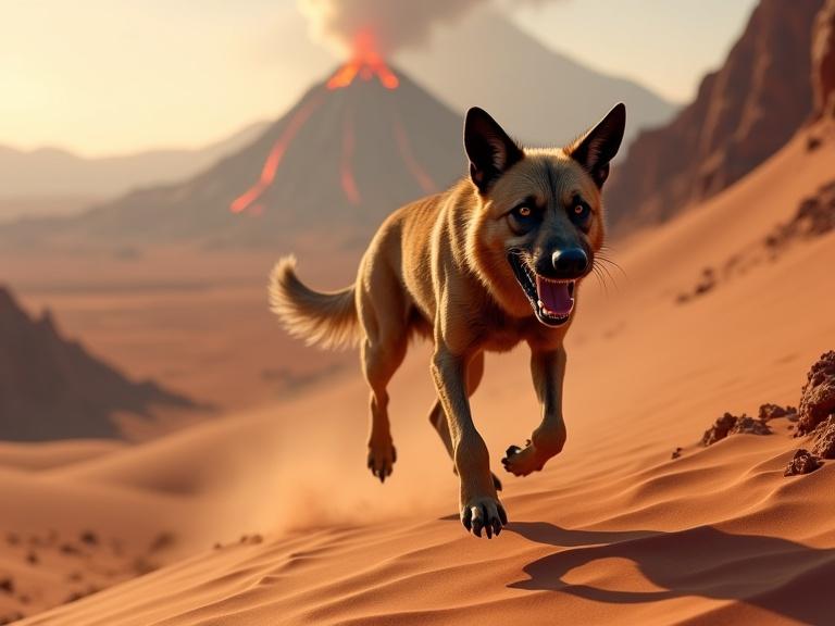 Image of a wild dog with strong jaws and pointed teeth running on reddish sand dune in a valley of a desert planet. Background includes pointed mountain range and a volcano pouring lava.