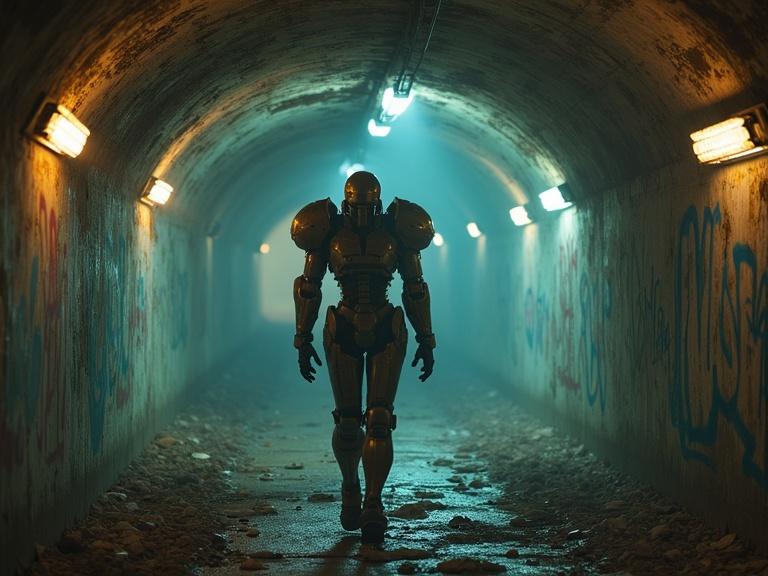 Humanoid figure in futuristic armor walks slowly through destroyed subway tunnel. Flickering lights illuminate graffiti-covered walls. The atmosphere appears post-apocalyptic with a cinematic view.