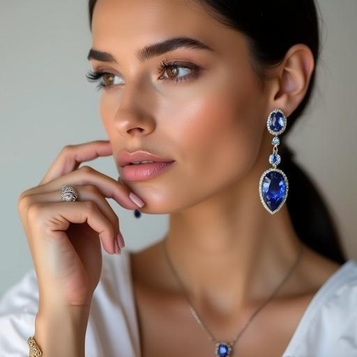 Close up of sophisticated female model wearing exquisite iolite jewelry. Focus on the iolite pendant and earrings. Minimal makeup keeps attention on jewelry. Soft neutral background highlights blue hues. High-fashion editorial look. Sharp focus on clarity and brilliance.