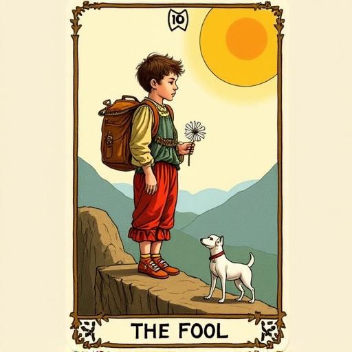 Illustrated tarot card titled The Fool in vintage style. A 5-year-old child stands at a cliff's edge. Child has a knapsack and holds a white flower. A small white dog jumps nearby. Bright sun in the sky. Background features mountains. Child wears loose, colorful clothes. Flat colors and bold outlines. Antique illustration with cream parchment and block print look.