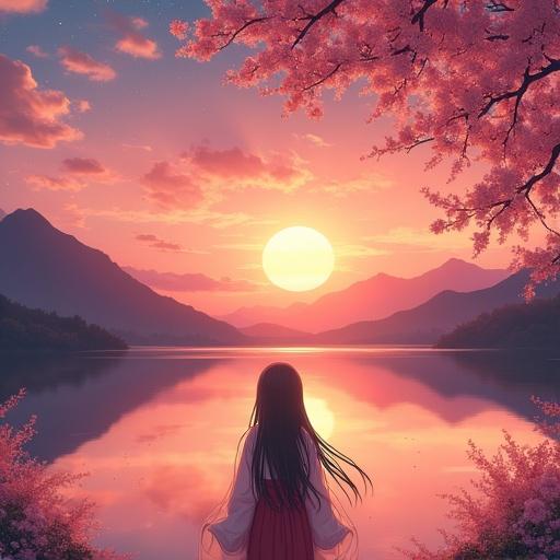 Anime nature wallpaper in 4K quality styled in photography. Breathtaking sunset over tranquil lake. Sky in hues of orange and pink. Silhouette of mountains in background. Warm serene color temperature with cosmos lighting and twinkling stars. No human characters. Peaceful and reflective atmosphere. Vertical mobile wallpaper featuring a cute girl in traditional attire with long hair and flowers. Scene with cherry blossoms and warm inviting atmosphere.
