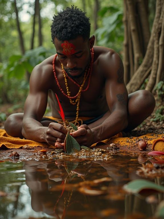 Exu performs a focused ritual under ancestral trees. Hands dip red feathers into palm oil. Sacred leaves are meticulously bound to offerings. Reflection in water shows a transformation. The moment is filled with secrecy and renewal.
