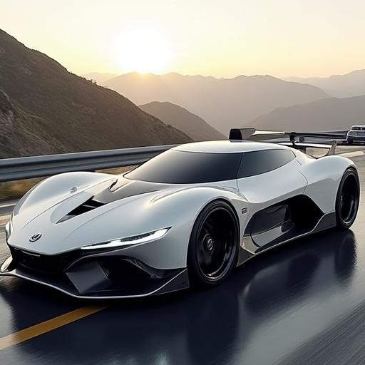 Futuristic solar-powered sports car on winding road. Sleek design with innovative solar wings and eco-friendly features. Captivating sunset backdrop enhancing visual appeal.