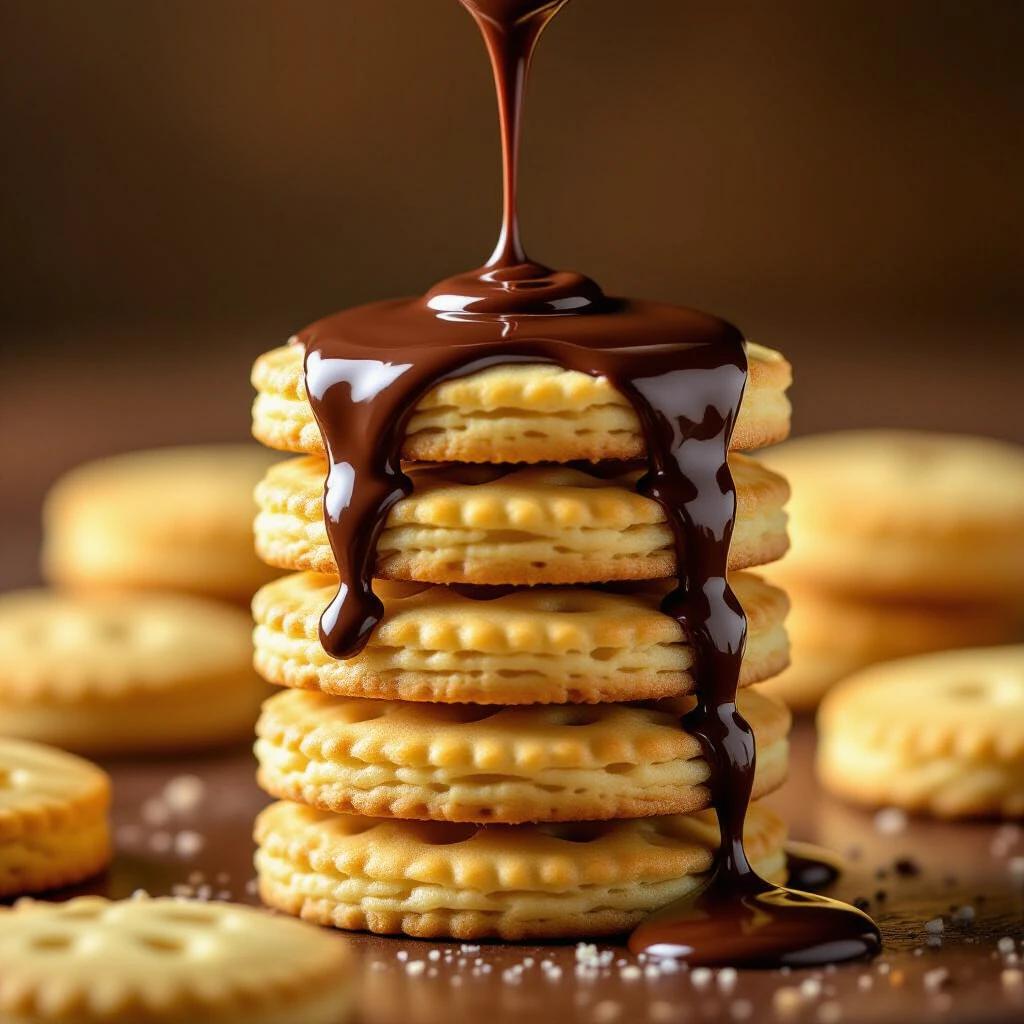Close up shot of stacked butter biscuits. Thick melted chocolate is poured over the top. The chocolate has a glossy texture and warm sheen. The angle captures the top and depth of the biscuits. Warm directional light enhances the scene. The background is dark and out of focus. The style is hyper-realistic, emphasizing textures and gloss. No props or people are present, showcasing the biscuits and chocolate.