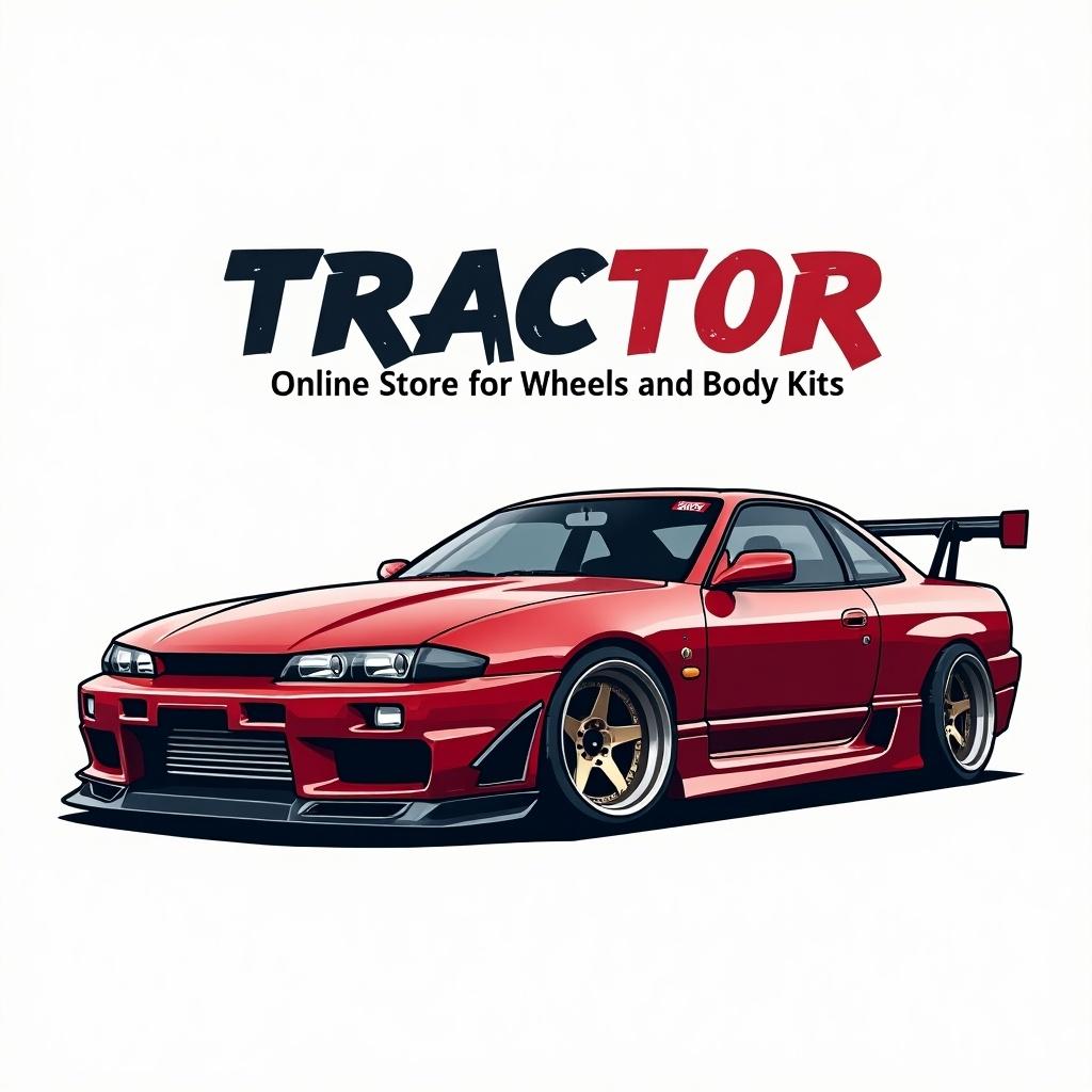 Logo design for an online store featuring the name 'TRACTOR' and the text 'Online Store for Wheels and Body Kits'. Image includes a Nissan Silvia S15 with BN Sports body kit and NKEI RPF1 wheels.