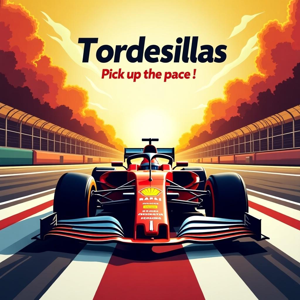 An F1 themed poster depicts a car crossing the finish line. Features the name Tordesillas prominently in the center. Includes the tagline Pick up the pace!