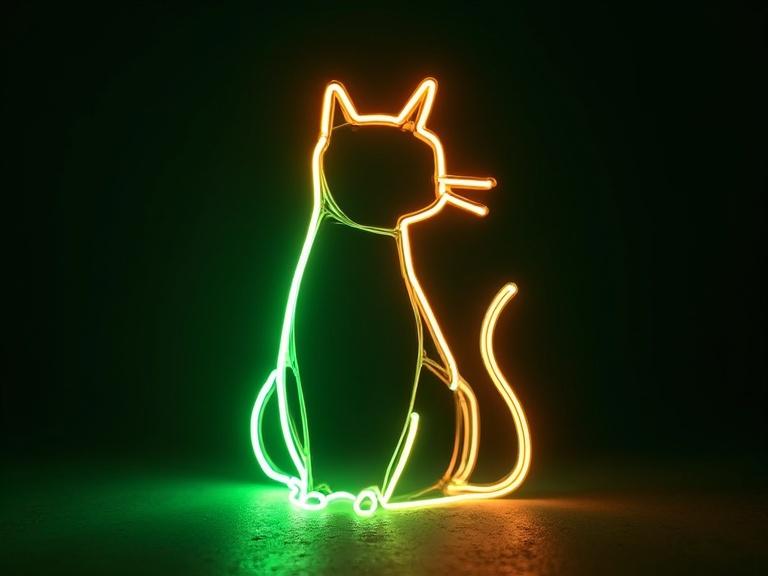 Wire frame style design of a cat in neon green and neon orange. Studio shot highlights the glowing effect.