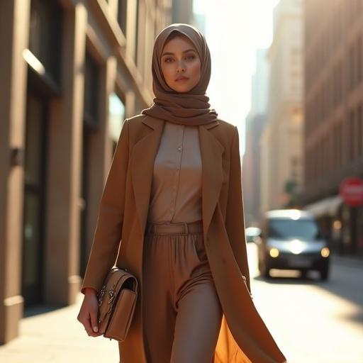 Stylish woman representing the Modanisa brand walks along a sunlit street. Full-body shot in modern city with architecture. Wears elegant attire in sophisticated tones with artistic jewelry. Hijab draped in modern style. Urban setting emphasizes fashion and lifestyle. High-fashion photography.