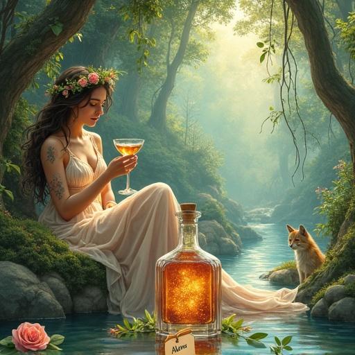 Breathtaking watercolor painting of woodland goddess adorned in gown of woven leaves and flowers. Delicate tattoos visible. Goddess reclining in hidden grotto offering toast with glass of shimmering elixir. Surrounded by lush foliage and crystal-clear stream. Apothecary-style bottle filled with shimmering elixir rests on mossy stone. Bottle glows golden-reddish. Cork lid on top, elegant hang tag displays name ALFRUNO. Identical cocktail liqueur glass nearby filled with same liquid. Roses and rosemary accents present. Lynx watches the scene.