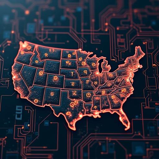 Image shows a map of the USA designed with circuit patterns. The outline of each state is illuminated with red and orange colors. The background features a circuit board layout. The image combines elements of geography and technology.