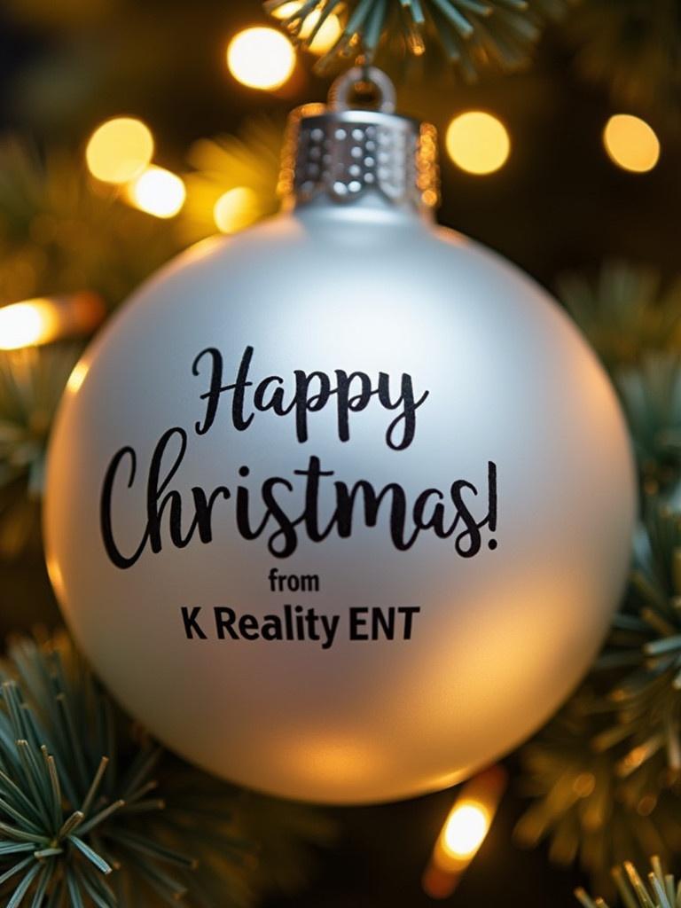 Close-up view of a white Christmas bauble. Bauble features text saying 'Happy Christmas from K Reality ENT'. Twinkling lights enhance the magical atmosphere.