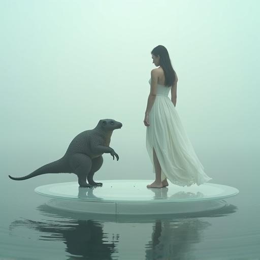Photograph showing a woman in a white dress approaching a pangolin on a transparent platform over a foggy ocean