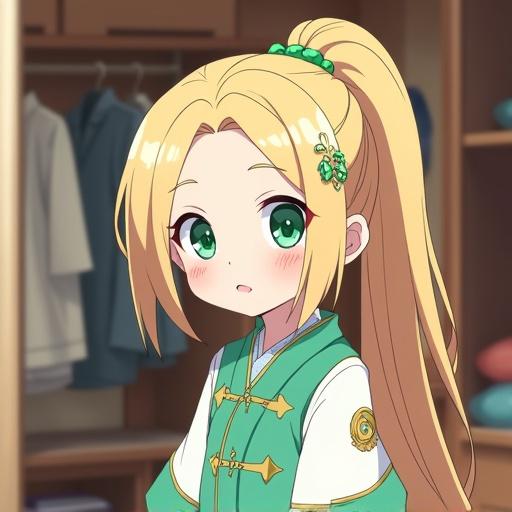 Anime style illustration of a little girl standing in a closet. She has emerald green eyes and a light blonde ponytail. Wearing a cute aqua kindergarten uniform. The setting is a modern royal palace. She looks normal and cute. Getting ready for school in the morning.