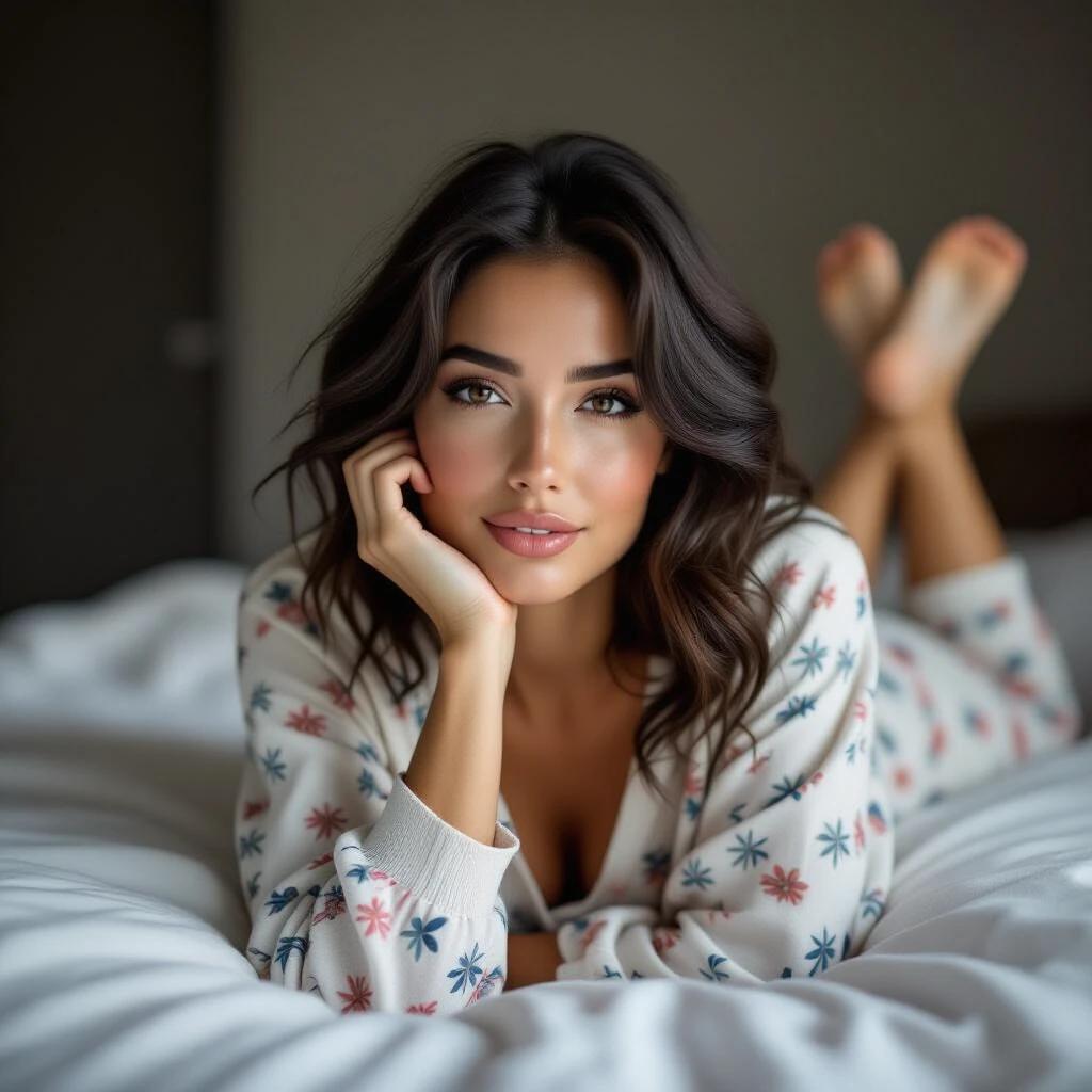 A young woman in her early twenties with straight black hair up to her shoulders. Wearing a pajama set that subtly shows some skin. Lying face down with feet up and looking towards the camera. Thin lips, thin eyebrows, voluminous lashes, and a slender nose and chin. Almond-shaped brown eyes with a flirtatious and seductive expression. Light, alluring gaze.