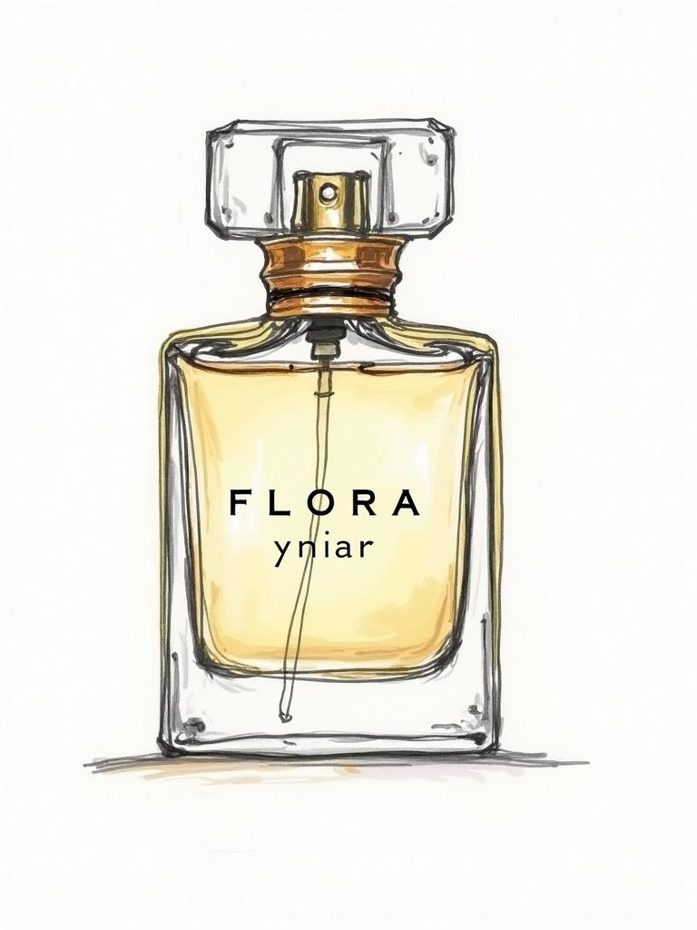 Draw a perfume label named Flora by NIAR. The bottle height is 5 cm. The width of the bottle is 7 cm. The perfume volume is 50ml and the design should appeal to perfume lovers.