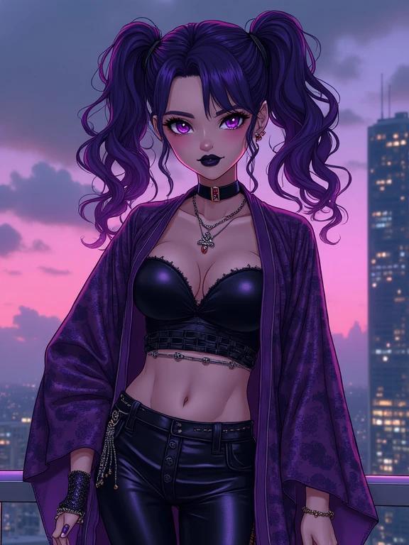 Anime woman standing on rooftop in futuristic city. She wears an elegant purple kimono and holds black hole water energy. Her body is toned with 6 pack abs and large breasts. Beautiful galactic tattoos adorn her skin. Soft twilight colors paint the background. Amethyst jewelry sparkles around her.