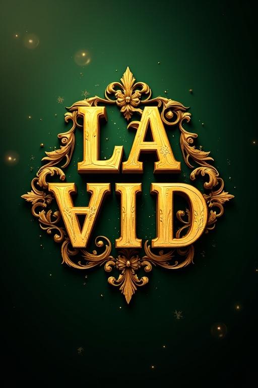 A richly embellished golden letter 'LA VID' incorporates intricate designs. The background is dark green and features glowing particle effects around the lettering.